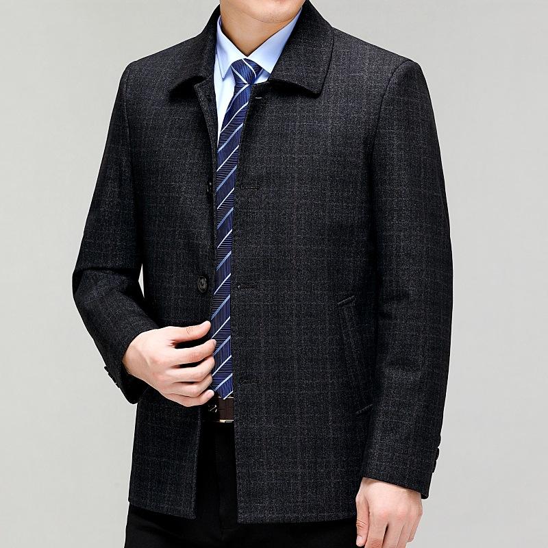 Autumn and winter men's wool jackets, windbreakers, men's plaid coats, mid-length, middle-aged and elderly lapel father's tops