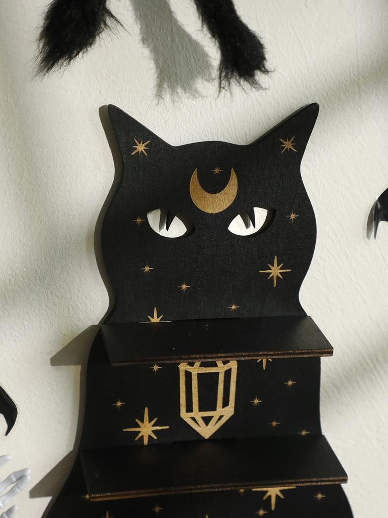 1/2/3-stufiges schwarzes Katzen-Wandregal Holz-Mondphasen schwebende Wandregale Kristallstein-Ausstellungsständer Leiste Hexen-Zimmerdekoration