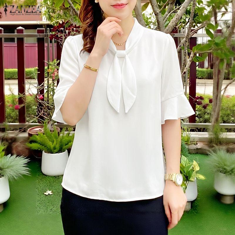 ZANZEA Women Elegant Round Neck Solid Color Loose Half Sleeve Blouse