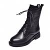 Women's Boots Autumn and Winter New Round Head Low Heel Martin Boots Black First Layer Cowhide Letter Ribbon Side Zipper Short Boots