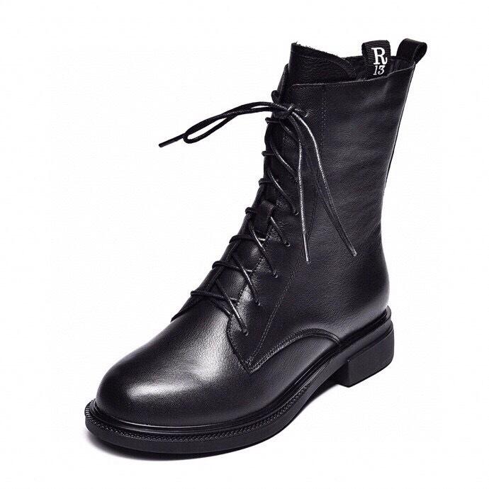 Women's Boots Autumn and Winter New Round Head Low Heel Martin Boots Black First Layer Cowhide Letter Ribbon Side Zipper Short Boots