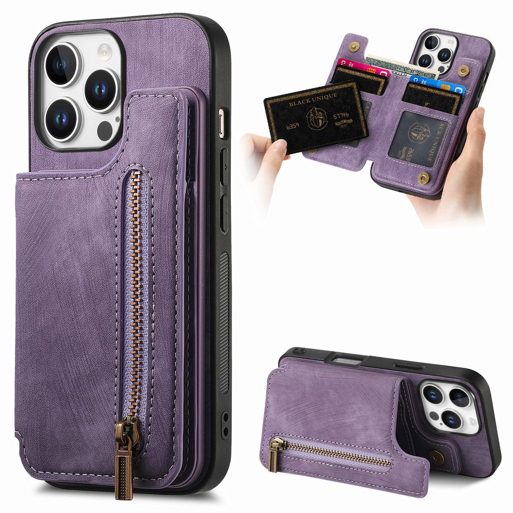 For iPhone 16 Pro Case with Zipper Card Holder Leather+TPU Phone Cover