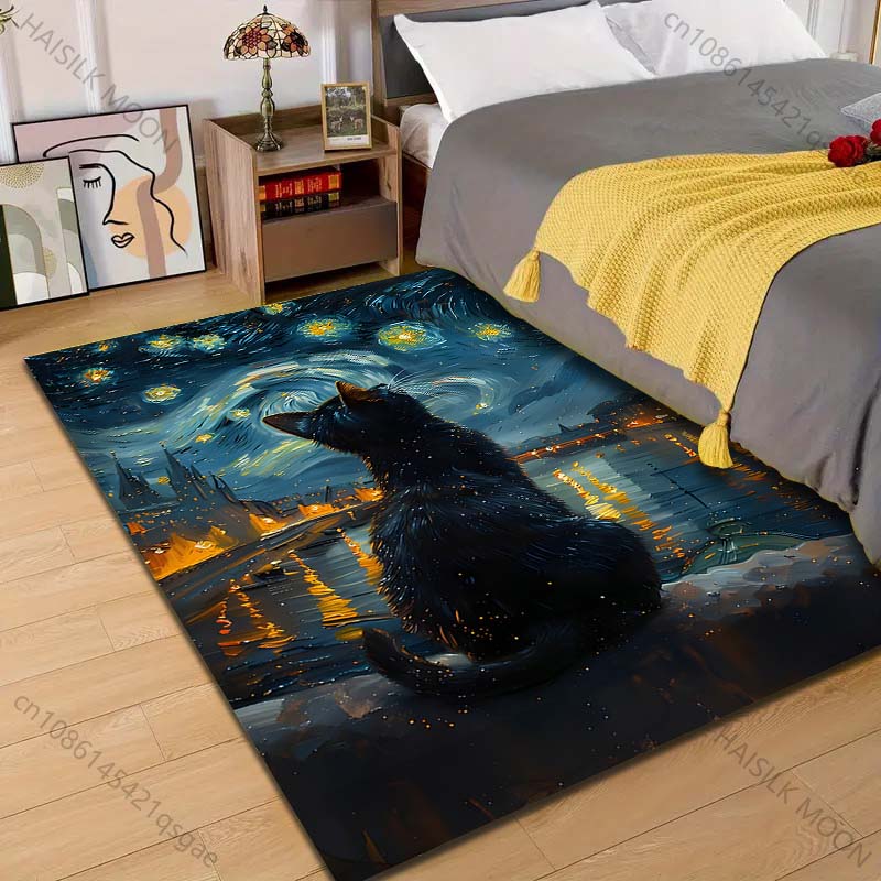 

1PC Black cat under starry sky Pattern Rug Carpets for Bedroom Living Room Sofa Mat Creative Door Mat Cloakroom Home Decor 40x60cm