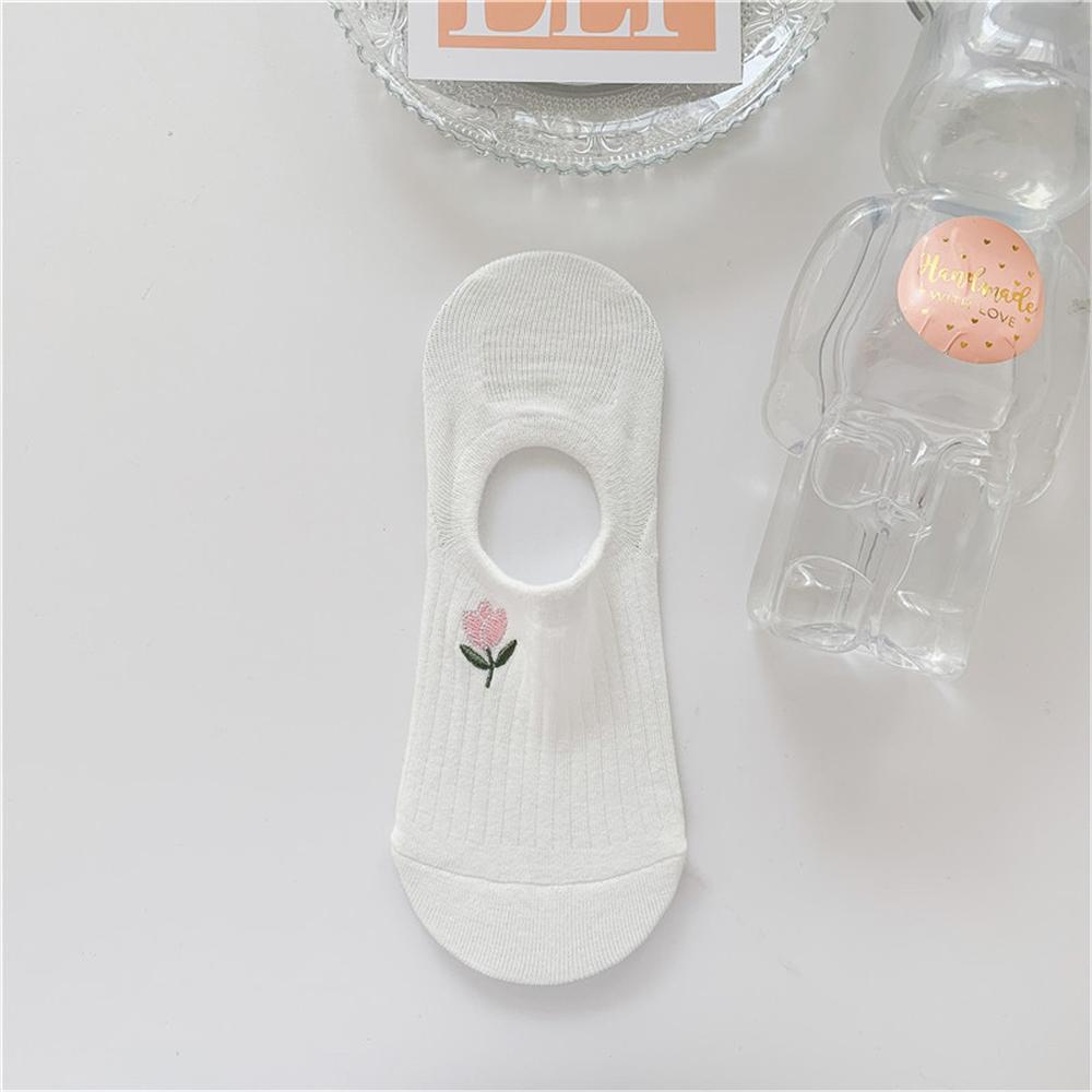 New Womens' Embroidered Bear Flower Strar Moon Squirrel White Cotton Fashion Summer No Show Invisible Socks Slippers Dropship