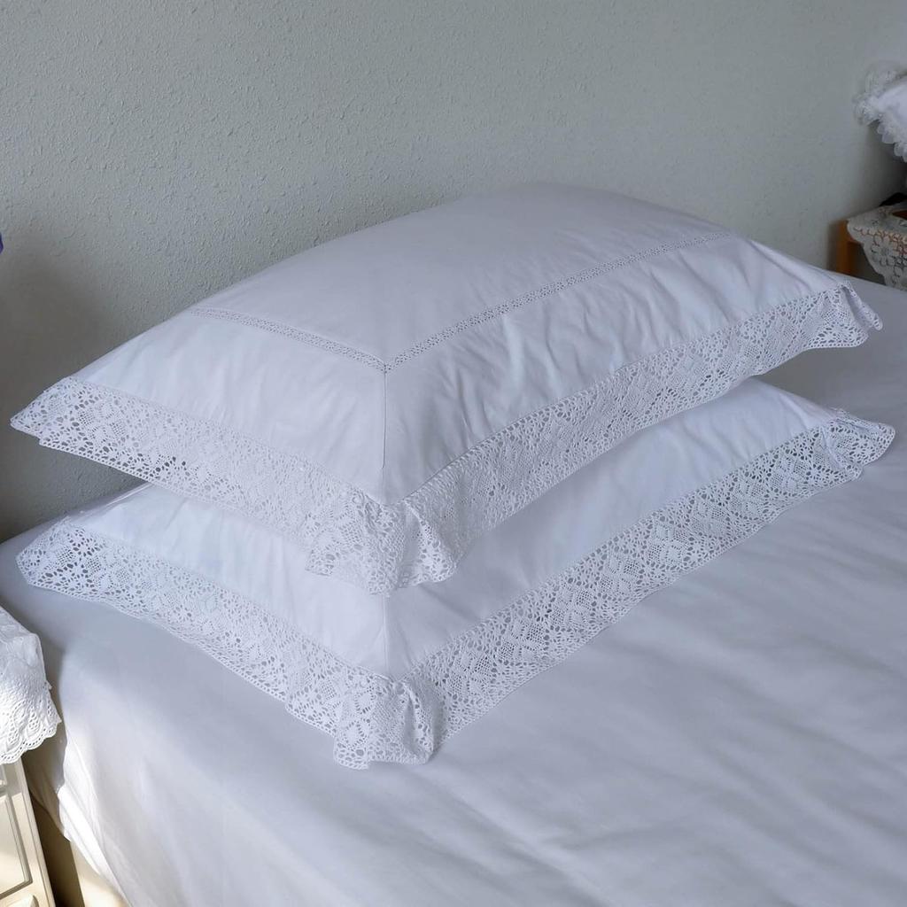 Set of 2 Lace Embroidery Pillow Cases, 100% Cotton Queen Size, White Good Feeling Pillow Covers with Envelope Closure, Softer and Breathable Pillow