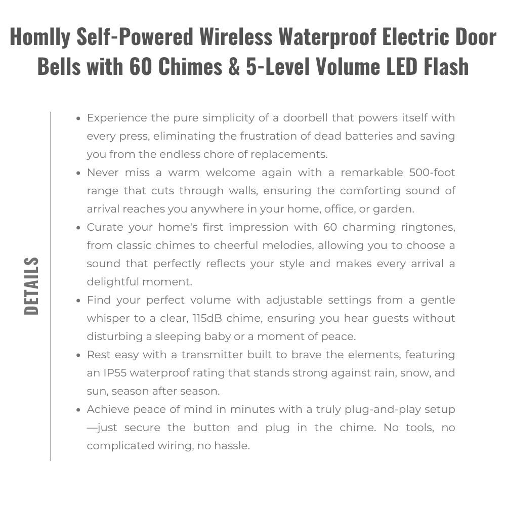 HOMLLY Self-Powered Wireless Waterproof Electric Door Bells with 60 Chimes & 5-Level Volume LED Flash