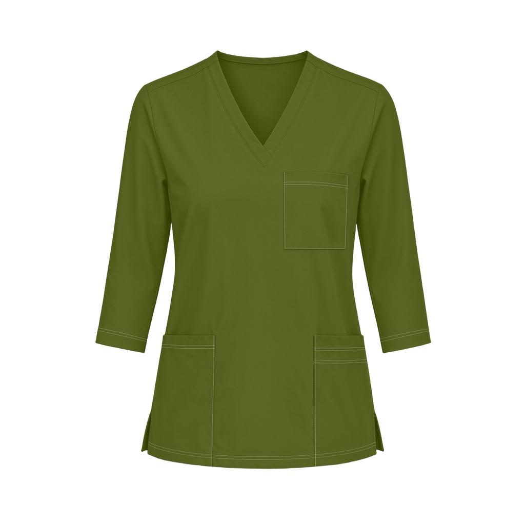 Top da lavoro da donna con scollo a V, tasche, spacchi laterali, manica corta, uniforme