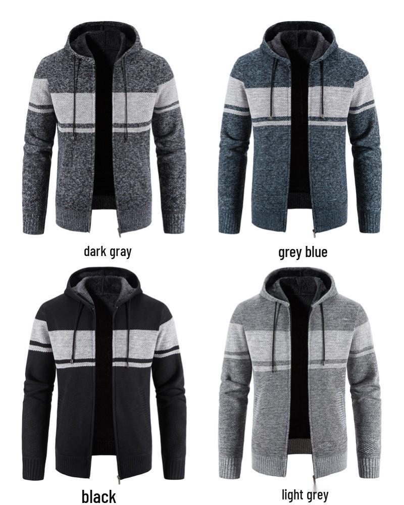 Men's Hooded Cardigan Sweater - Plus Velvet, Thick, Versatile, Knitwear Color Block Jacket for Autumn/Winter