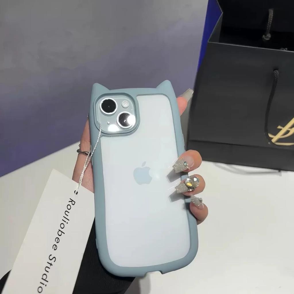 Cute Cat Ear Transparent Case For iPhone 17Air 12 13 14 15 16 Pro Max 11 Shockproof Acrylic Back Cover Silicone Kawaii Funda