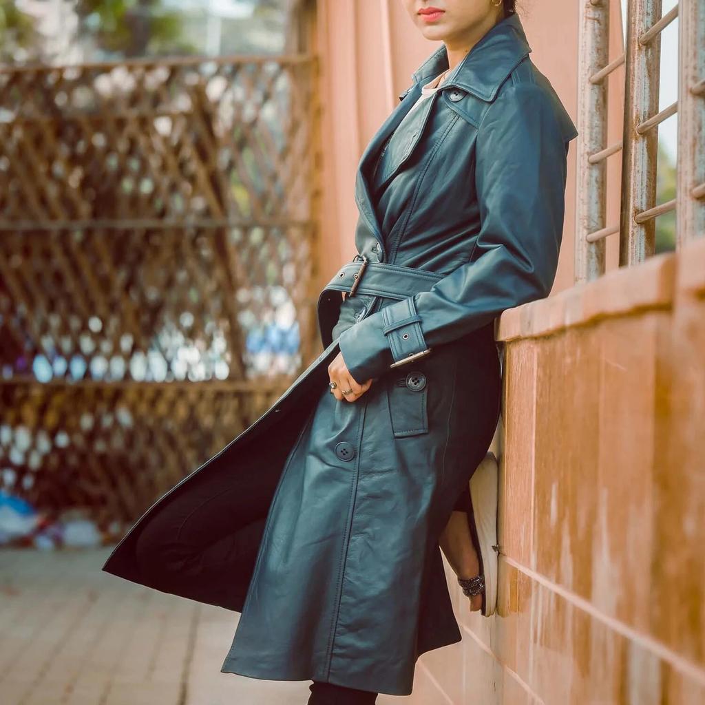 Trench Coat Leather Winter Designer Blue Long Belt Lambskin Women Stylish