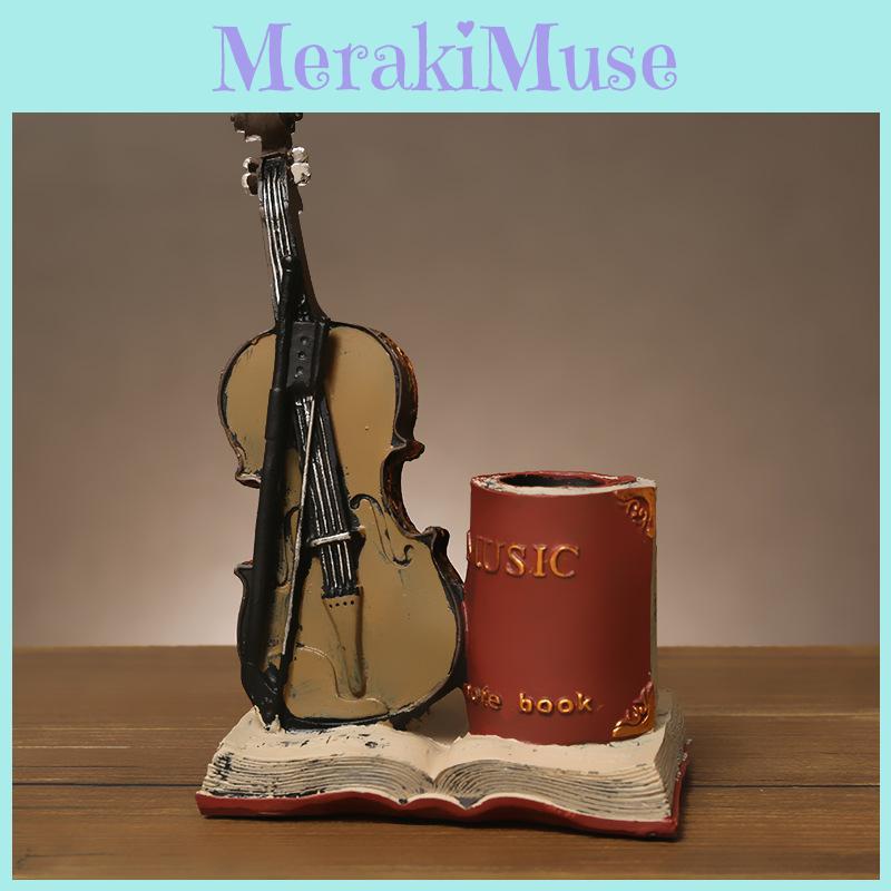 Resin Violin Classic Pen Organizer For Desktop Decoration In Living Study Room
