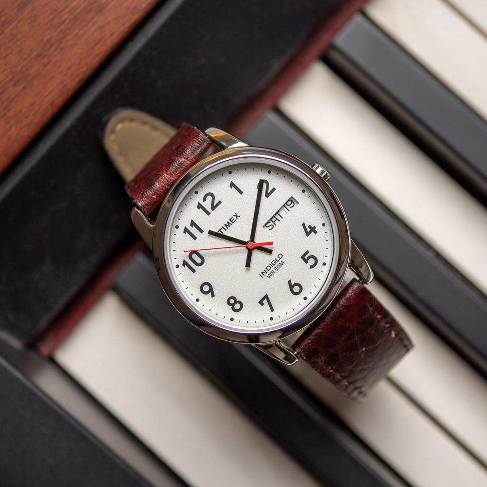 [Timex] Easy Reader Day-Date Brown Leather Strap Wristwatch 35mm T20041
