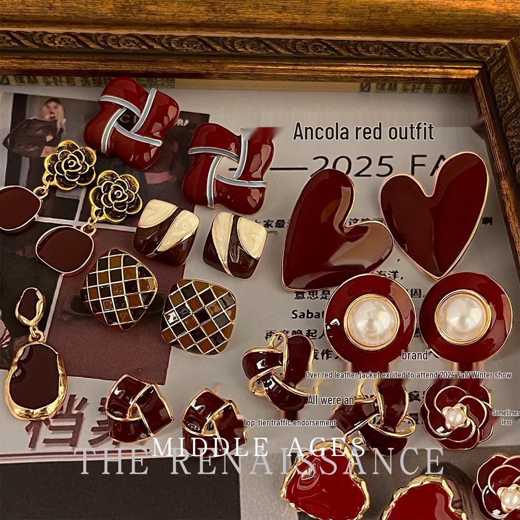 Boucles d'oreilles pendantes vintage en émail rouge bordeaux - Clous de style rétro français