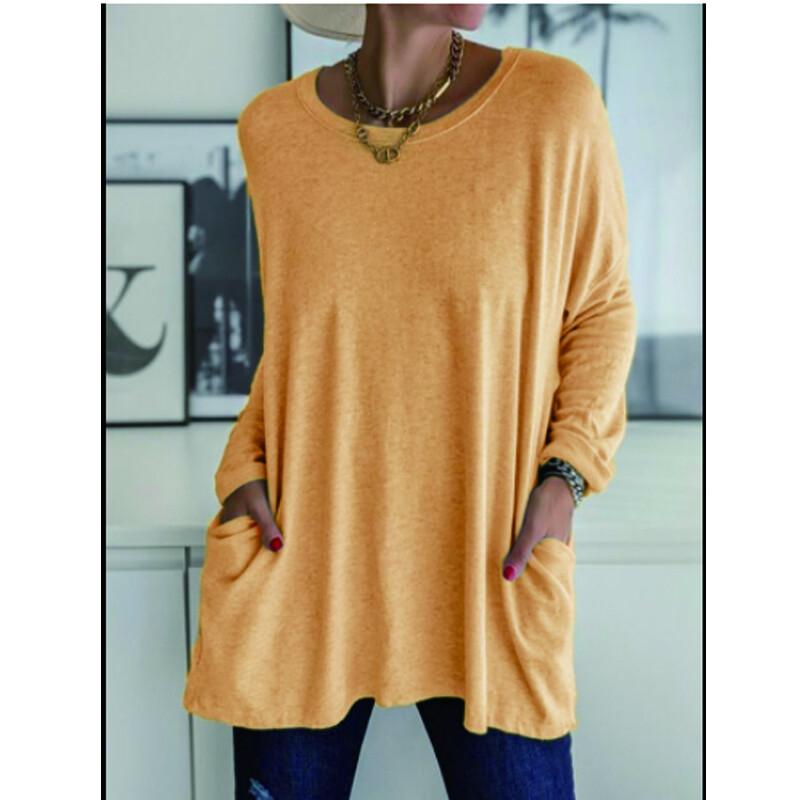 Women's Clothes Autumn Spring Long Sleeve Crew Neck T-shirt Long Sleeve Blouse; Pocket T Shirts for Women; Loose Fit Tops
