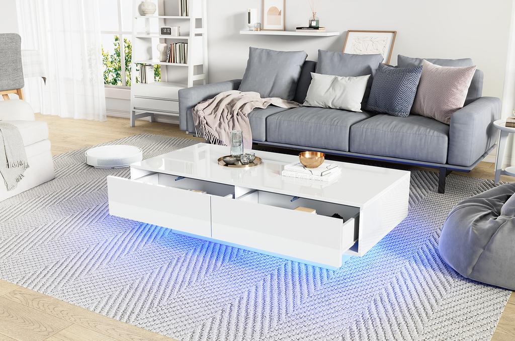 Modern High-Gloss Coffee Table in White, 115 x 55 x 34 cm, with 2 Drawers, LED Lighting and 30 kg Load Capacity – Elegant Living Room Table