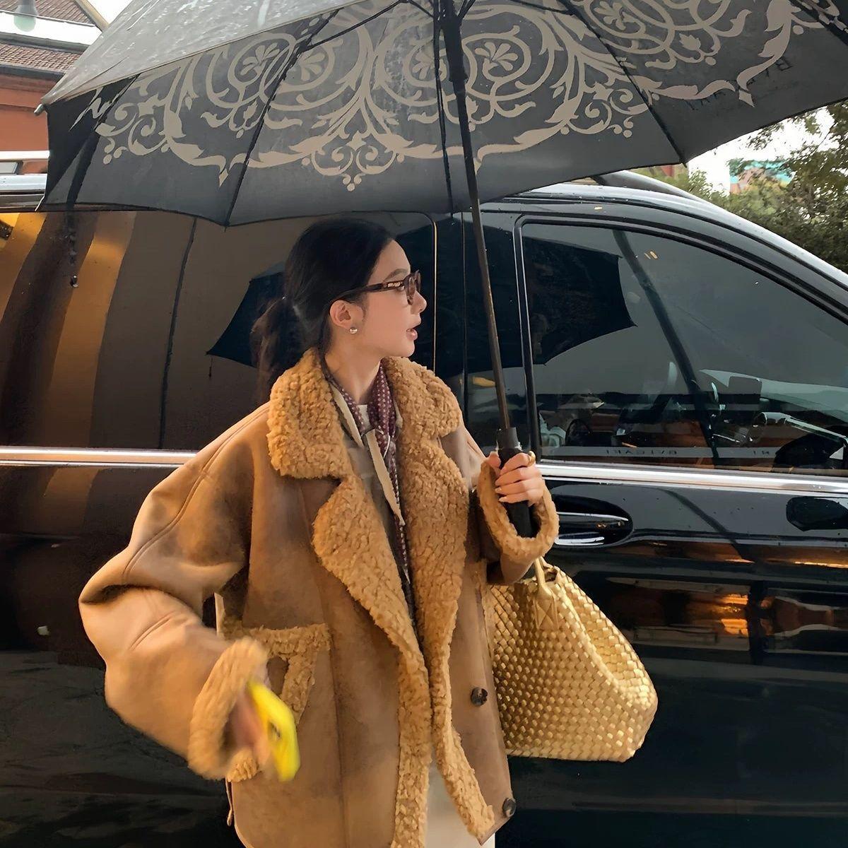 

Меховой лацкан Пальто из овчины Мотоциклетный костюм Свободный Утепленный Новый Женский S