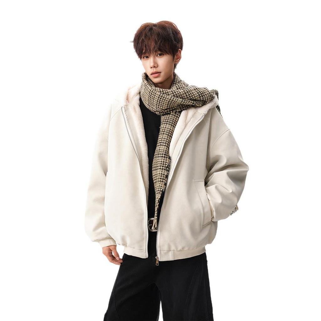Unisex Heavyweight Cotton Hooded Jacket with Carved Eagle Design, Winter Velvet Thickened, Casual Loose Fit