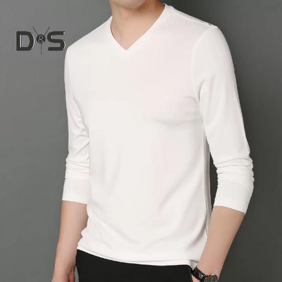 Men Fall Spring Top V Neck Long Sleeves Pure Color Slim Fit Thin Pullover T-shirt Daily Wear Sport Homewear Clothes