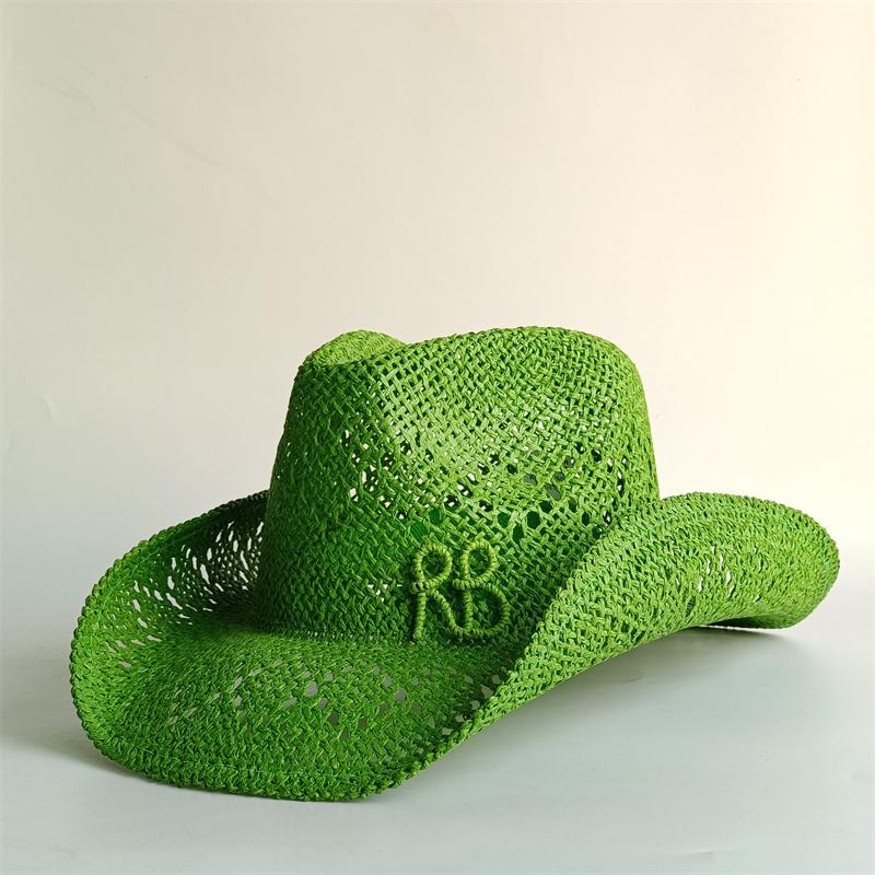 Oranje Westerse Cowboy Strooien Hoed Letter Strooien Hoeden Voor Vrouwen Mannen Zomer Buiten Vakanties Strand Zon Hoed Voor Vrouwen Sombrero 55-58CM green