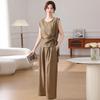 Elegant Sleeveless Tie-Waist T-Shirt Set for Middle-Aged Women - Stylish Summer Two-Piece