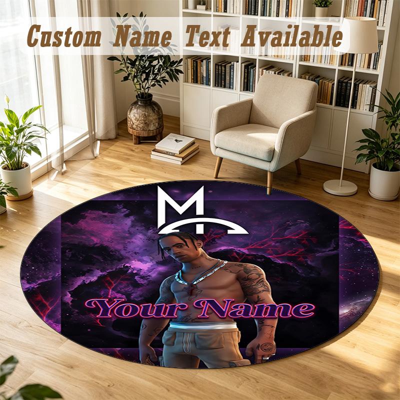 Round Rug Custom NameTravis Scott Pattern Non Slip Carpet Home Floor Decor