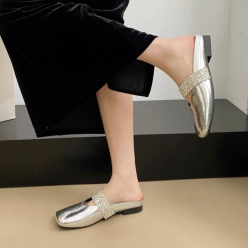 Fashion Square Slippers Summer New Baotou Shallow Mouth Crystal with Cover Foot Soft Sole Anti-slip Wear-resistant Flat Shoes