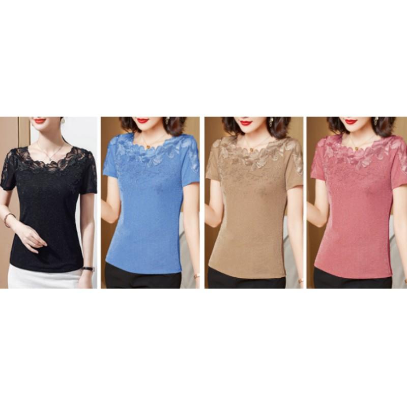 Women's Summer Lace Blouse with Rhinestone Embellishments and Embroidery: Short-Sleeve, Solid-Color, Elegant, and Flattering T-Shirt