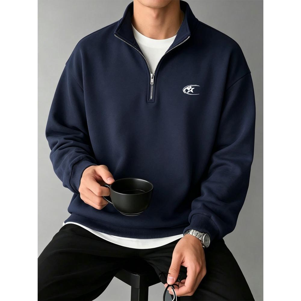 Star Logo Men s Half Zip Sweatshirt, Simple and Stylish Printed Stand Up Collar Sweatshirt, Casual Long Sleeved Stand Up Collar Sweatshirt S