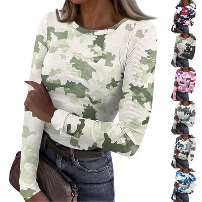 Women's  And Winter Slim Bottom T-shirt Fashion Casual Gradient Printing Round Neck Pullover Long Sleeve Top