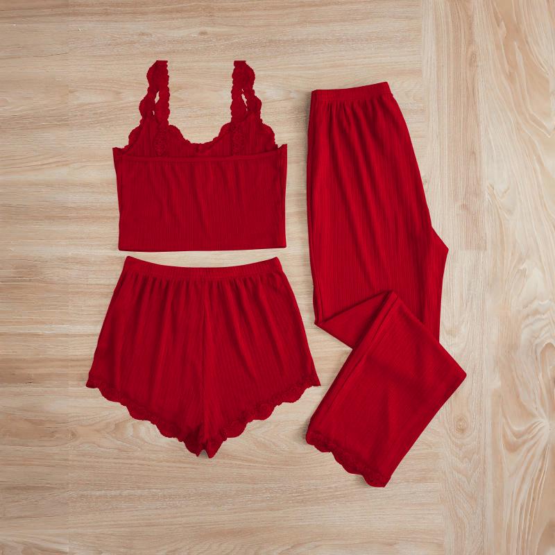 Beliebtes Damen-Spitzen-Pyjama-Set: Dreiteiler mit Shorts, langer Hose und Camisole – Sexy Homewear