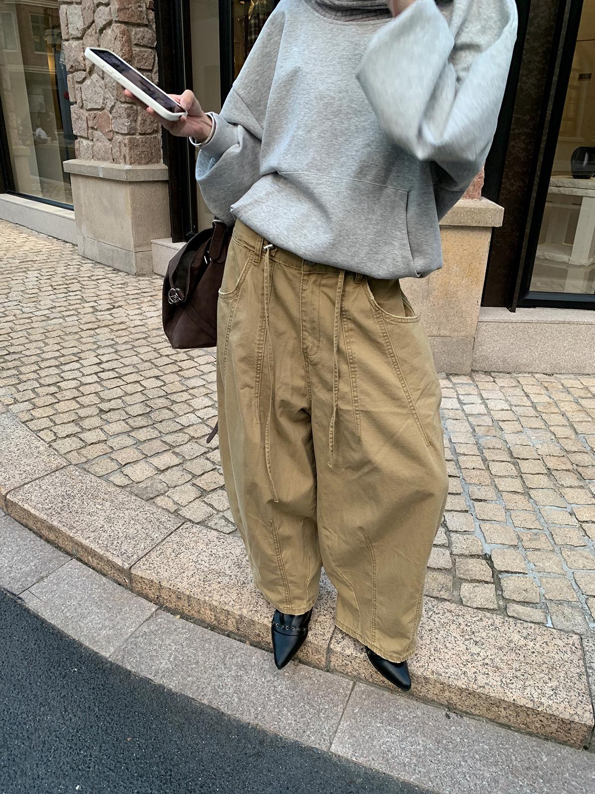 American Drawstring Curved Leg Jeans - Women s Loose Wide Leg Pants for 2025 Autumn/Winter S