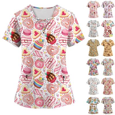 Plus rozmiar drukowane szorowanie jednolite topy robocze dla kobiet krzyżowy dekolt w serek Foral nadruk z krótkim rękawem zabawne t-shirty odzież robocza koszulka z kieszeniami