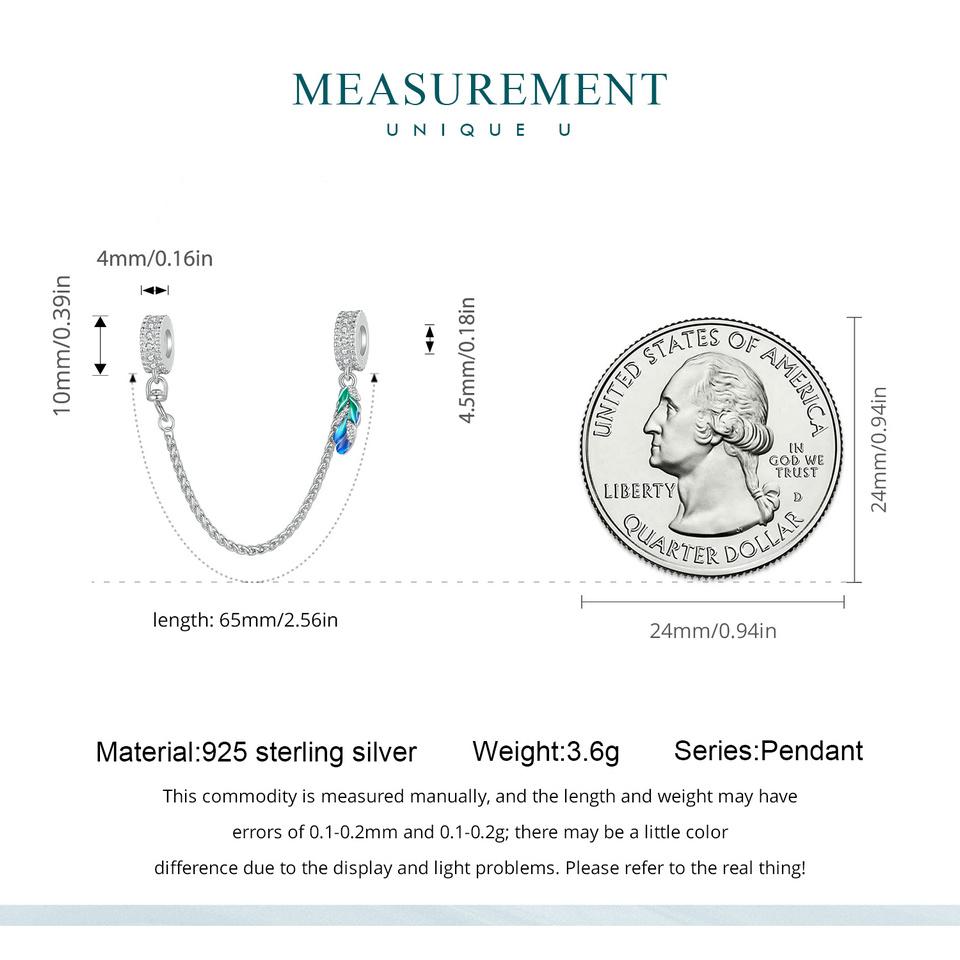 BAMOER 925 Sterling Silver Blue Emalia Feather Łańcuch Bezpieczeństwa nadające się do Charms Bransoletka i Bransoletka Klip Charms DIY Biżuterii