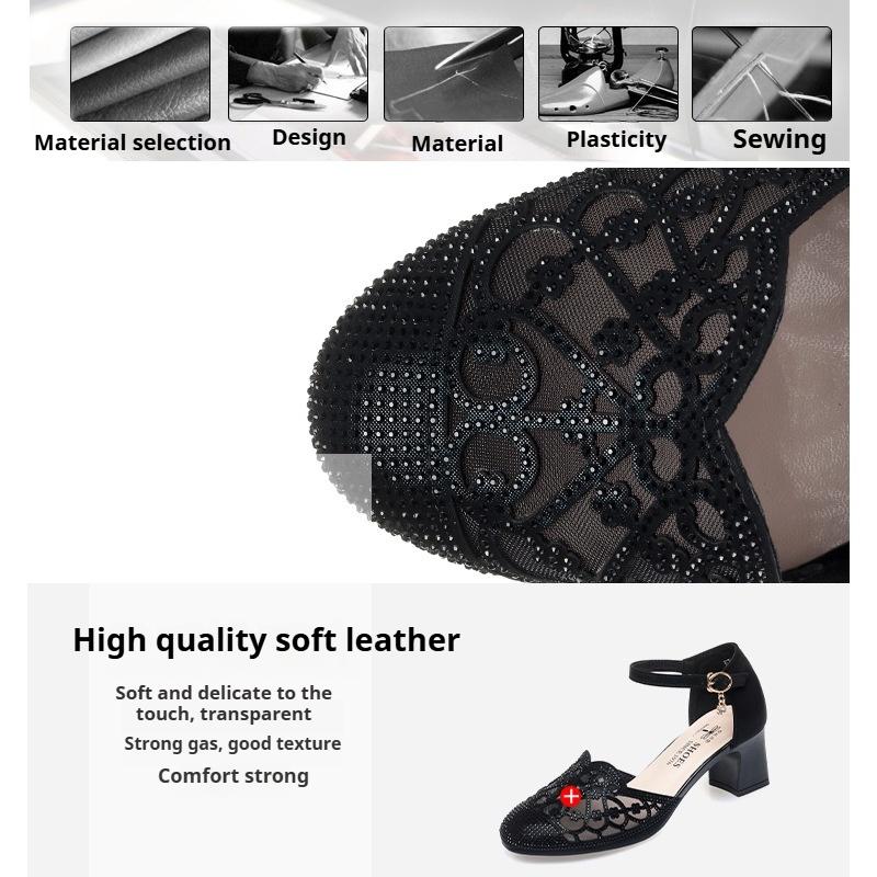 Letní duté síťované sandály na tlustém podpatku se špičatou špičkou, sexy módní dámské boty, měkký povrch, měkké dno, francouzské kamínky, sandály na vysokém podpatku