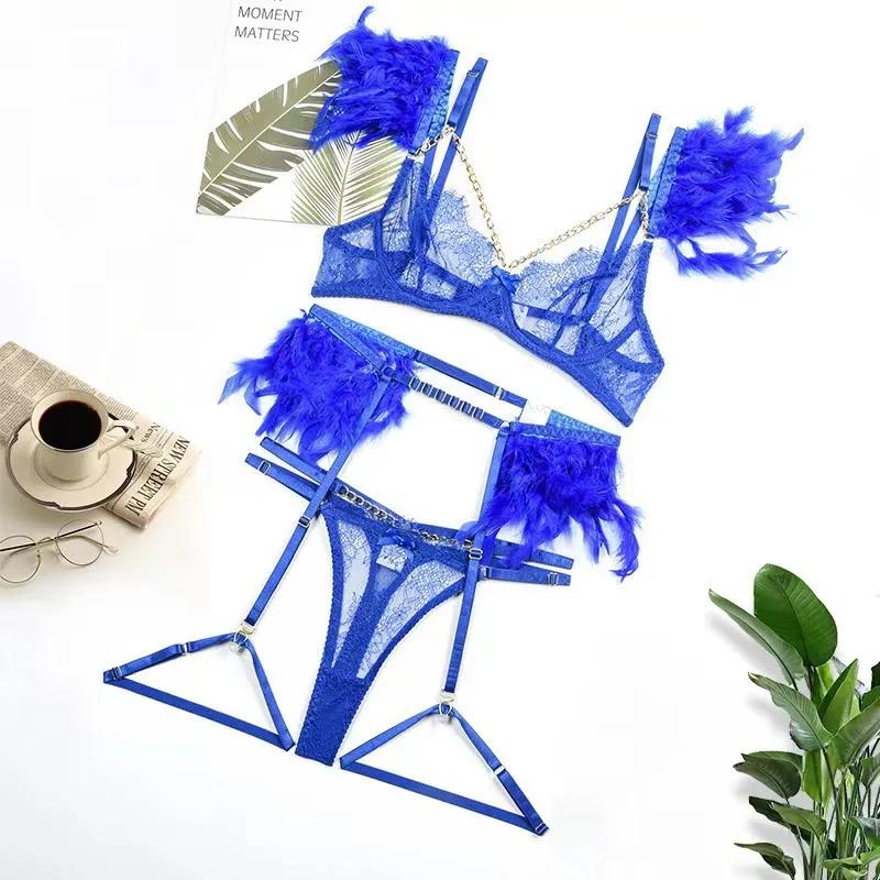 Sexy Metal Chain Lace Feather Lingerie Sets designed for Women Ultrathin Transparent Erotic Underwear 3 Piece Bra G-String Garter Sets