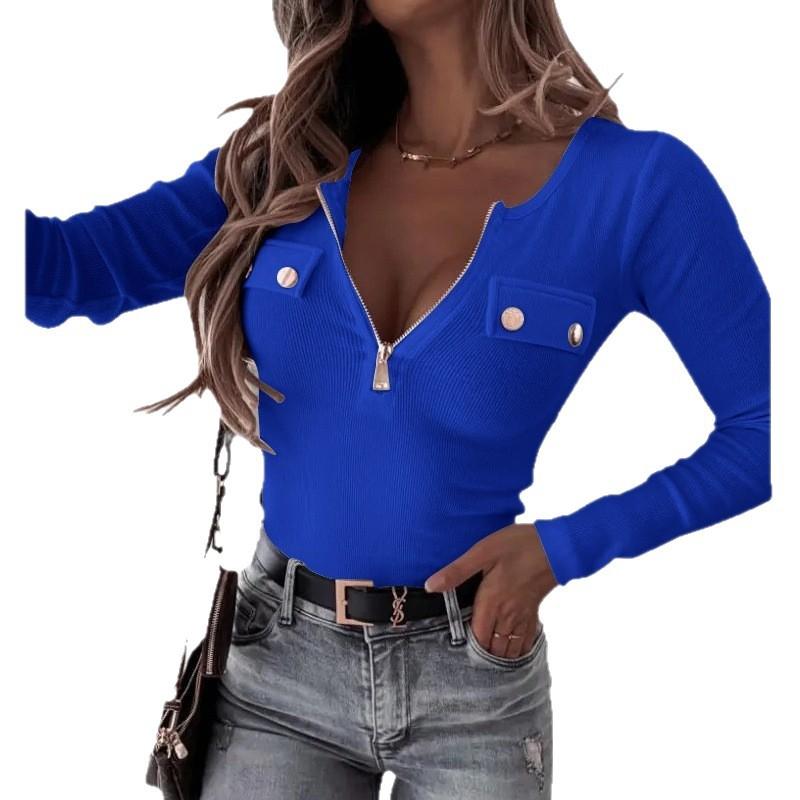Fashion Knitted Slim-fit Long Sleeve Pullover Zipper Top T-Shirt