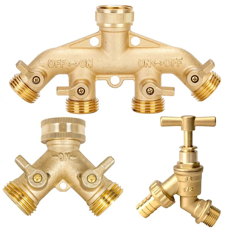 3/4 Inch 2/4-Way Brass Garden Hose Splitter Garden Tap Y-Type Watering Connector Distributor for Outdoor Faucet