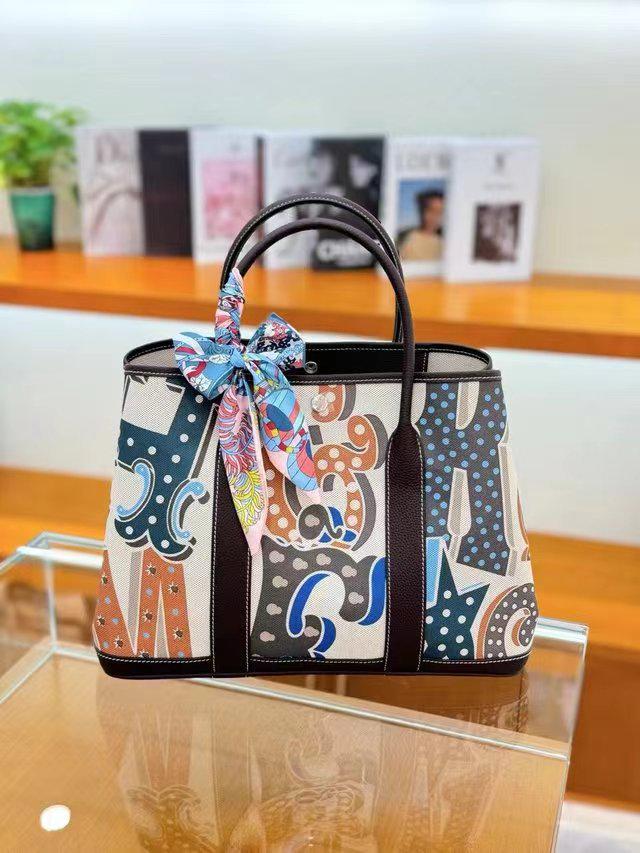 Women's Genuine Leather Garden Tote - 2025 Canvas & Cowhide, Large Capacity, Contrast Color Shoulder Bag