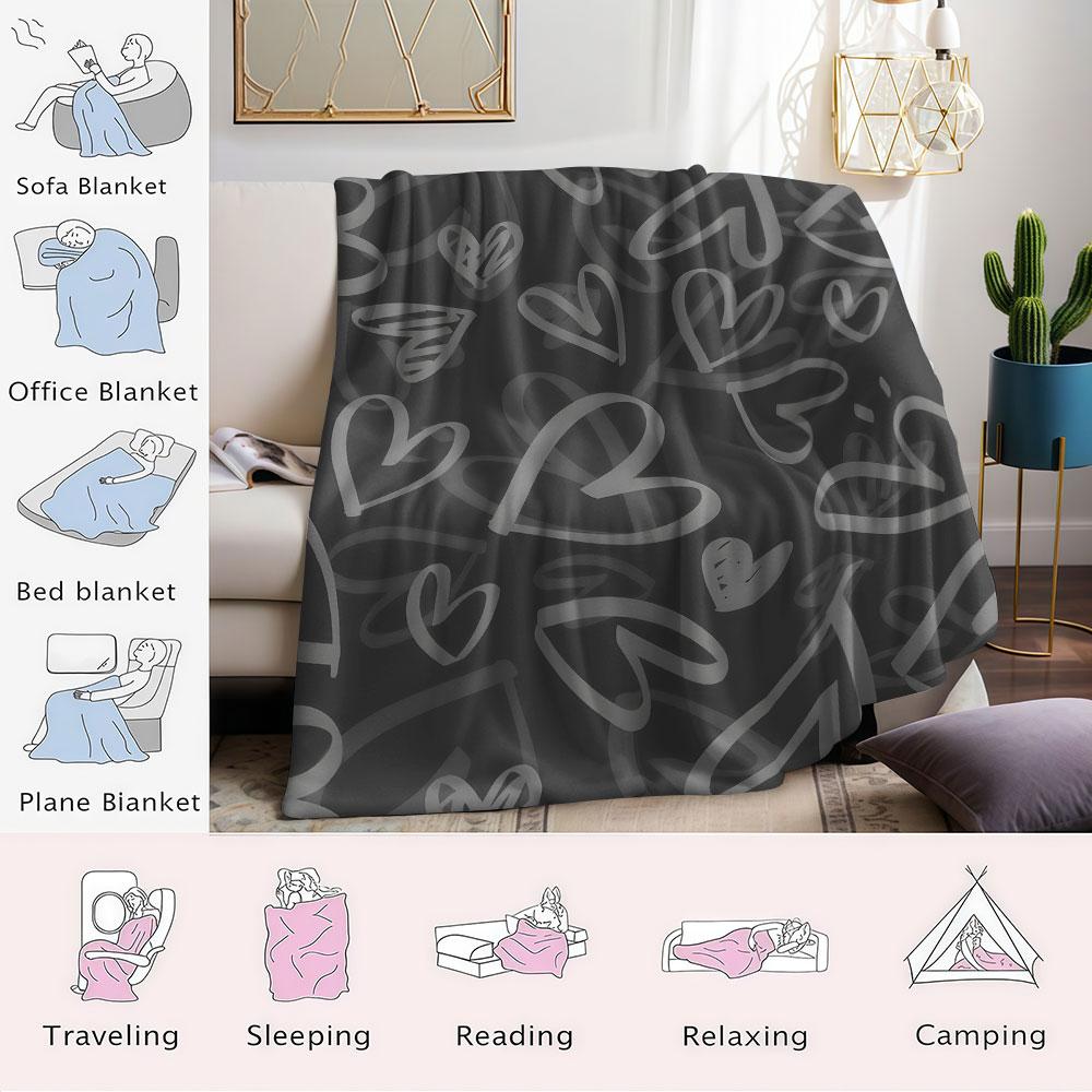 Hand Drawn Outline Heart Flannel Blanket Perfect for Sofa Office Bed Travel Sleep Read Relax Camping Four Season Use