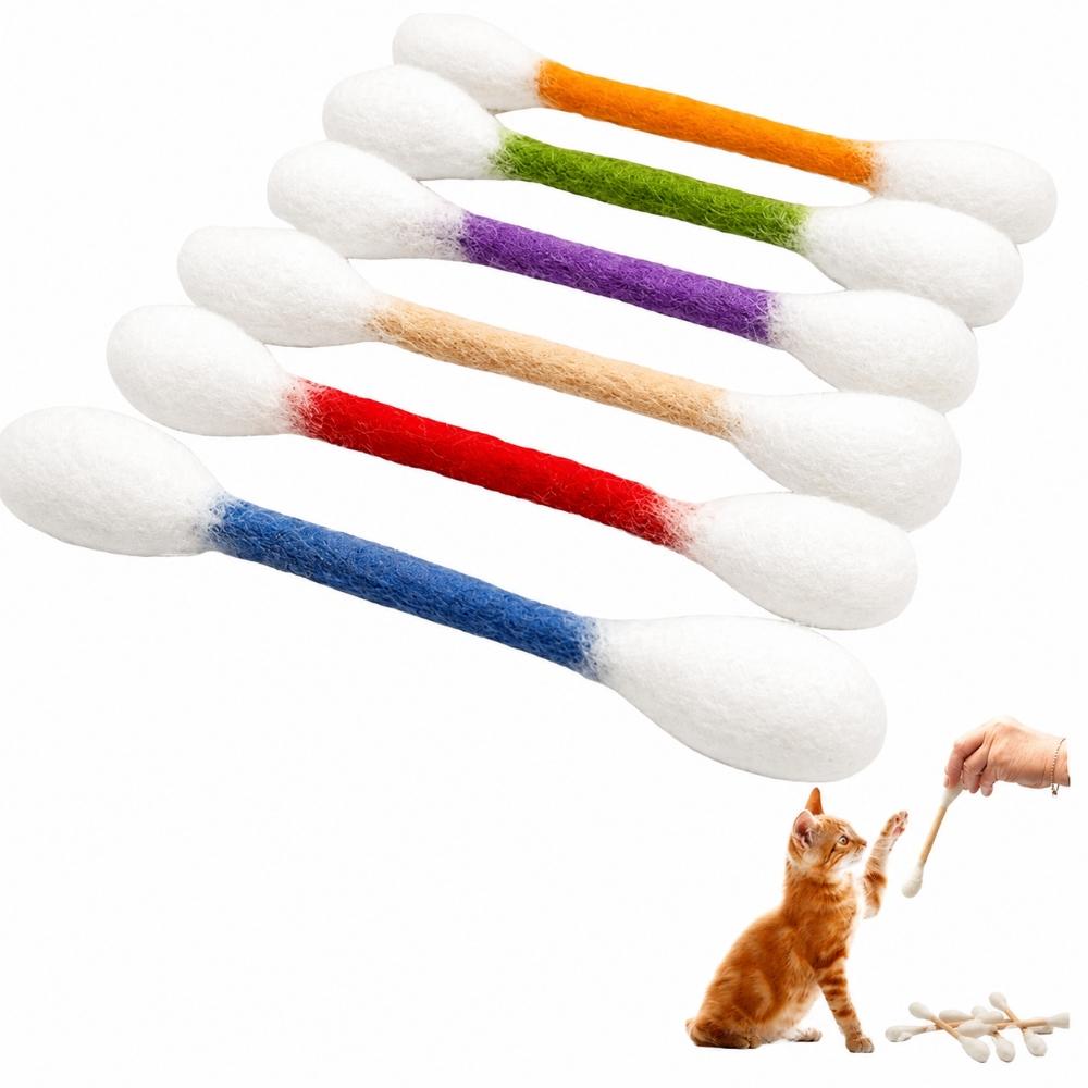 6pcs Wool Felt Cotton Swab Cat Teaser Toy Double End Bite Stick For Indoor Cats Interactive Chew Play Soft Touch Toy For Kittens