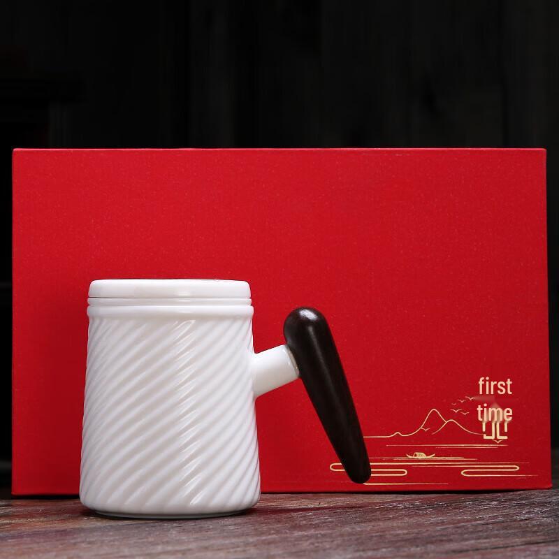 White Jade Ceramic Tea Mug with Filter and Ebony Wood Handle