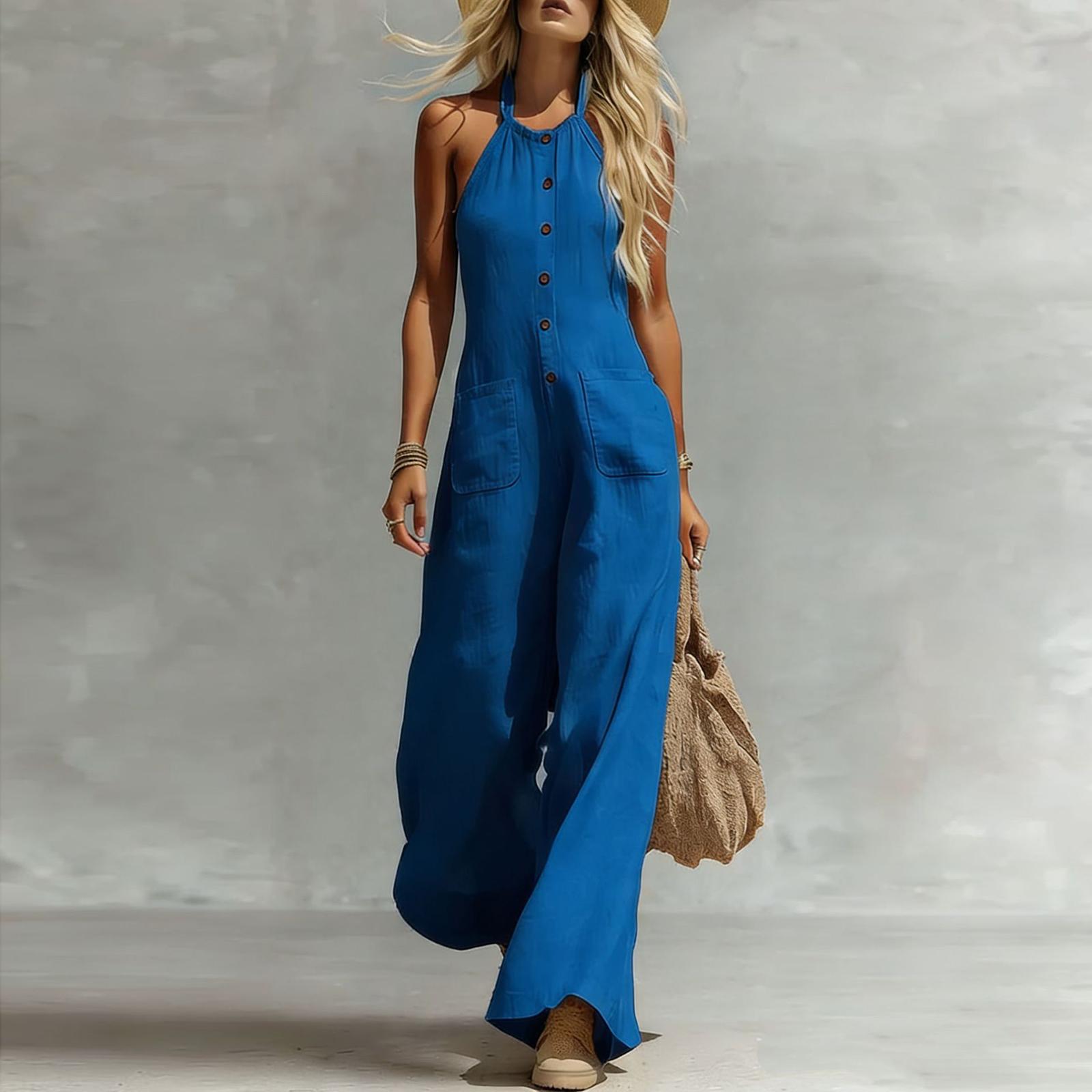 Women s Fashionable V-neck Button Sleeveless Pocket Strap Cotton And Linen Casual Jumpsuit S