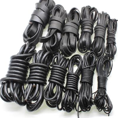 2m Schwarze Farbe Echtes Echtes Lederband 2 3 4 5 6 8 mm Rund Flach Lederseil Schnur Passend Halskette Armband DIY Schmuckherstellung