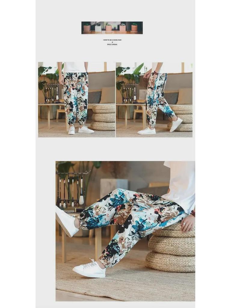 Men's Summer Cashew Flower Linen Thai Pants – Wide-Leg, Loose-Fit, Cuffed Nine-Point Style