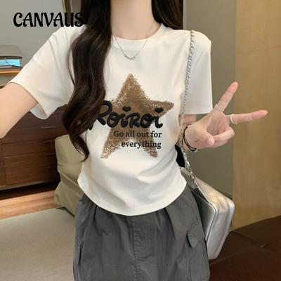 Printed Round Neck Short-sleeved T-shirt Women's Summer Slim Waist Short Tops