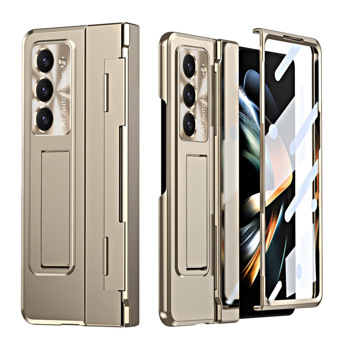 

For Samsung Galaxy Z Fold5 5G Kickstand Hard PC Case Protective Phone Cover with Lens Film and Tempered Glass Screen Film Gold