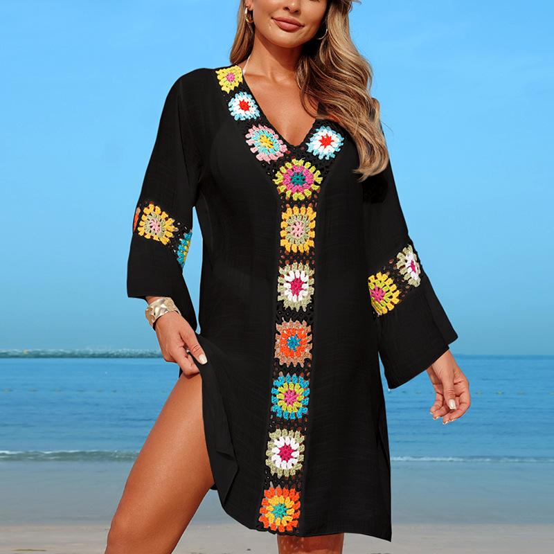 New Patchwork Flower Block Beach Dress Fabric Flower Beach Vacation Sun Protection Smock for Women