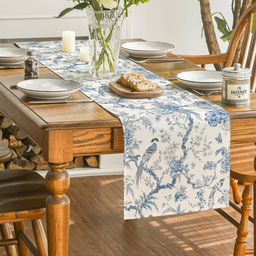 Artoid Mode Peacock Flower Chinoiserie Pompon Fall Table Runner, Seasonal Modern Kitchen Dining Table Decoration for Home Party Decor 13x48 Inch