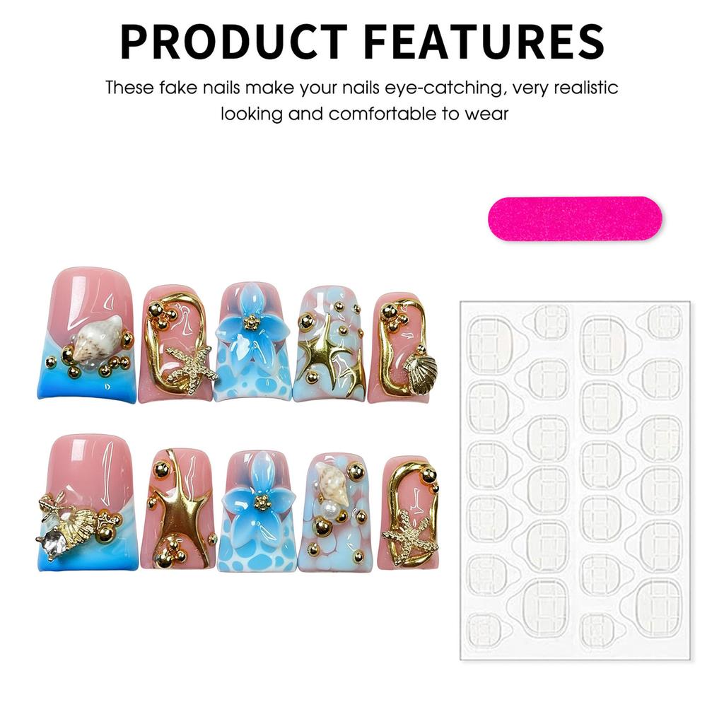 10Pcs False Nails Dream Ocean Style Metal Embossed Resin Material Waterproof Design for Women Manicure