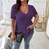 Frühling und Sommer Reine Farbe Elegant Top V-Ausschnitt Rippstrick Pullover Kurzärmelig Übergröße Damen T-Shirts